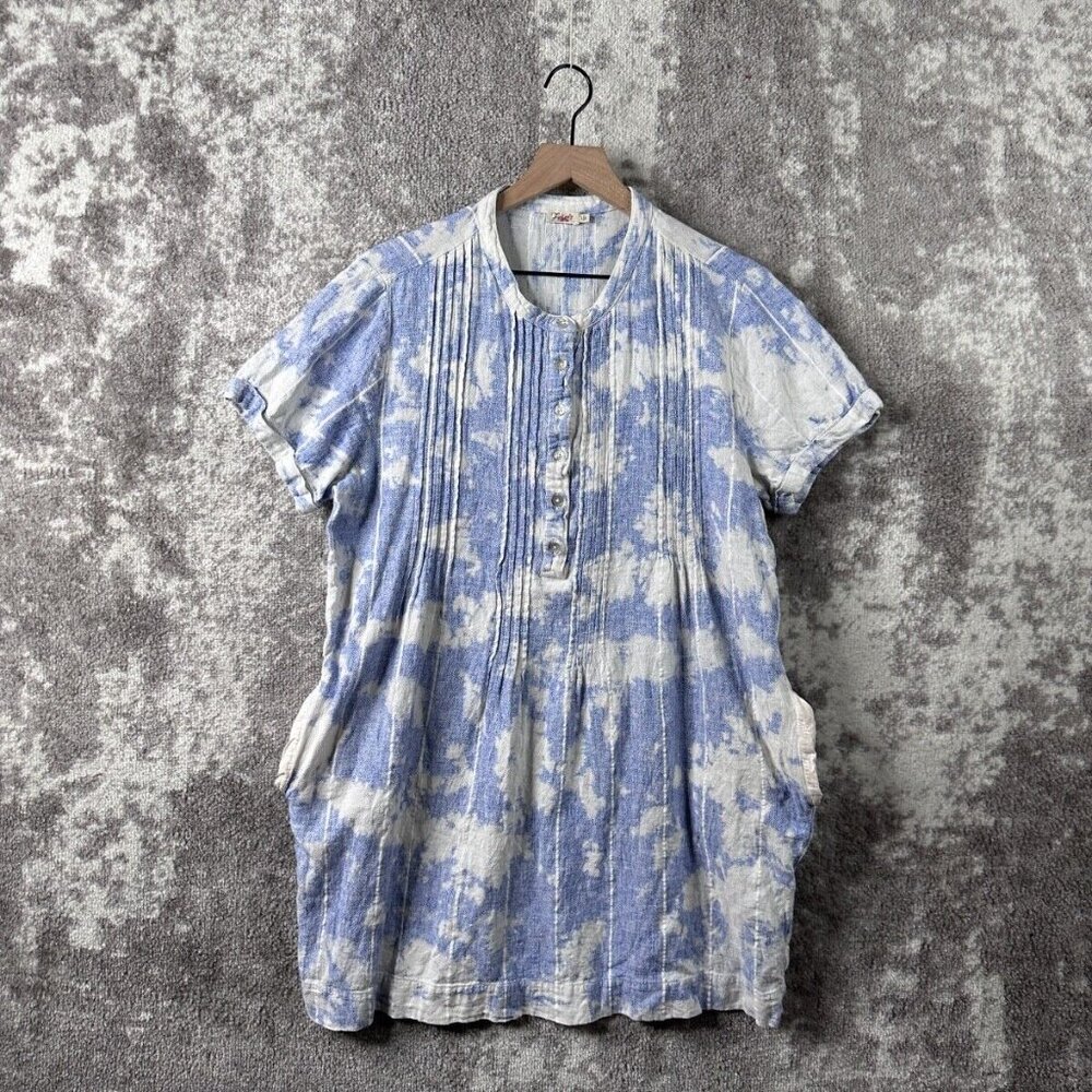 Faherty Blue and White Tie-Dye Pintuck Short-Sleeve Dress